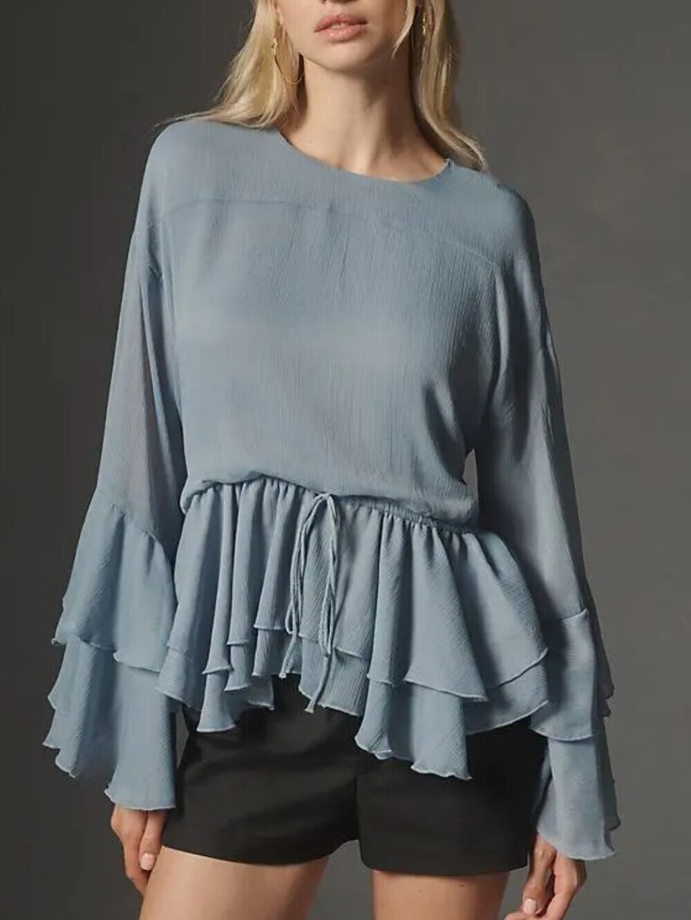 Anthropologie NEW Blue Long Sleeve Ruffled Sleeve Tunic Blouse Top SZ Medium